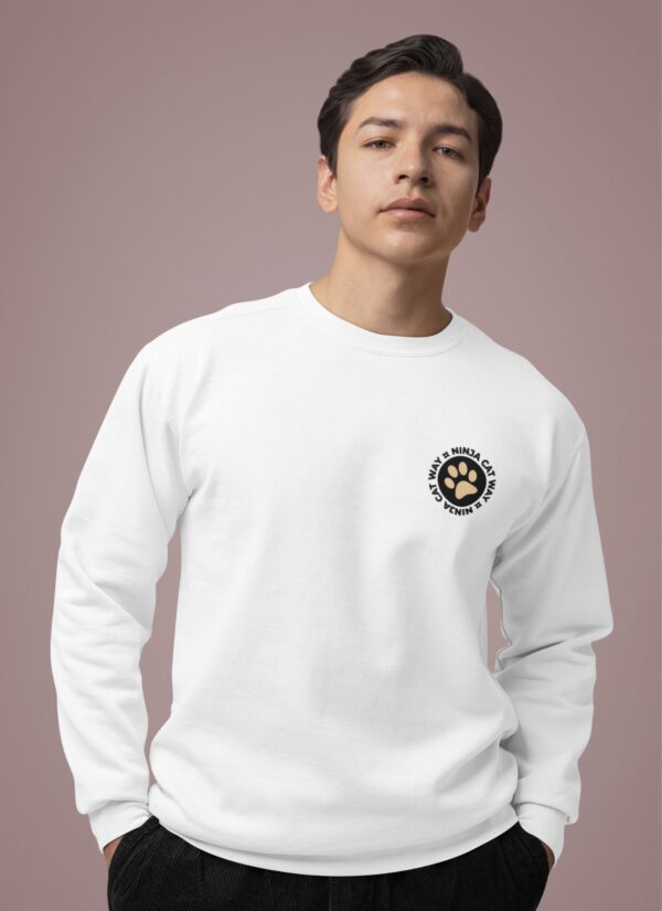 White Graphic Printed Men’s Sweatshirt with Ninja Cat Artwork | Premium Fleece Winter Sweatshirt for Men | Modern Streetwear Casual Style – GiftSpeaks