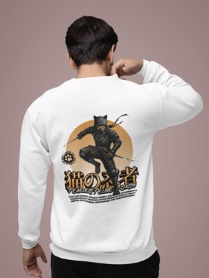 WMFSW_Ninja_Cat_1768043740779_hbqc5u1dx63272y.jpg White Graphic Printed Men’s Sweatshirt with Ninja Cat Artwork | Premium Fleece Winter Sweatshirt for Men | Modern Streetwear Casual Style – GiftSpeaks