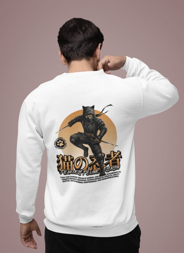 White Graphic Printed Men’s Sweatshirt with Ninja Cat Artwork | Premium Fleece Winter Sweatshirt for Men | Modern Streetwear Casual Style – GiftSpeaks