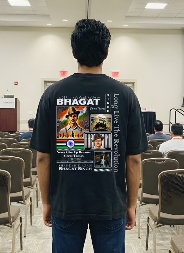 Mens Oversized Black T-Shirt | Shaheed Bhagat Singh Graphic Print | Loopknit 240 GSM Heavy Cotton | Freedom Fighter Tribute Streetwear Tee for Men