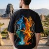 WRFRFSEFS Men's Black Oversized T-Shirt with Shiv Shakti Graphic Print | Loopknit 240 GSM | Mahadev Parvati Devotional Oversized Tee | Spiritual Back Print T-Shirt for Temple, Festivals & Everyday Wear