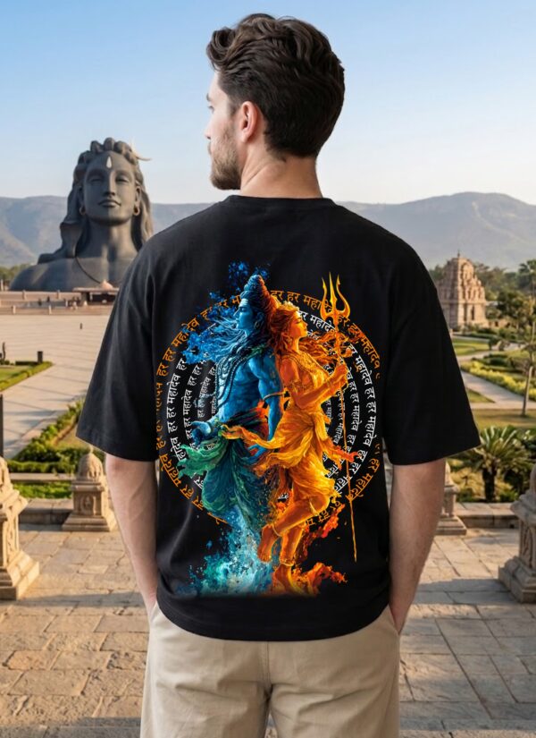 WRFRFSEFS Men's Black Oversized T-Shirt with Shiv Shakti Graphic Print | Loopknit 240 GSM | Mahadev Parvati Devotional Oversized Tee | Spiritual Back Print T-Shirt for Temple, Festivals & Everyday Wear