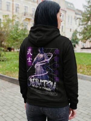 Iaijutsu Samurai Graphic Hoodie for Women | Black Regular Fit Hoodie | Anime Japanese Warrior Back Print | Fleece 300 GSM | Giftspeaks