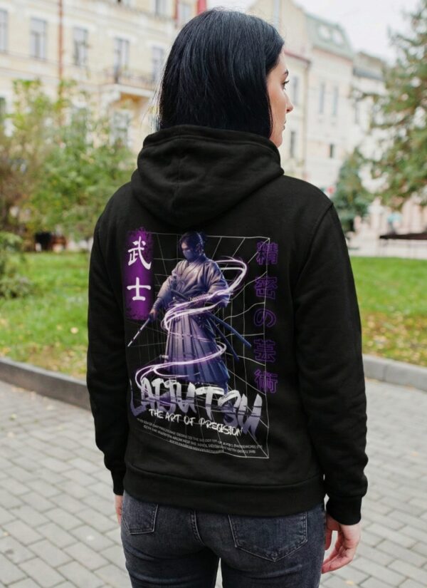 Iaijutsu Samurai Graphic Hoodie for Women | Black Regular Fit Hoodie | Anime Japanese Warrior Back Print | Fleece 300 GSM | Giftspeaks