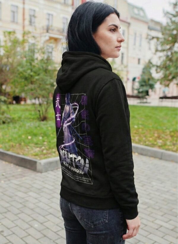 Iaijutsu Samurai Graphic Hoodie for Women | Black Regular Fit Hoodie | Anime Japanese Warrior Back Print | Fleece 300 GSM | Giftspeaks