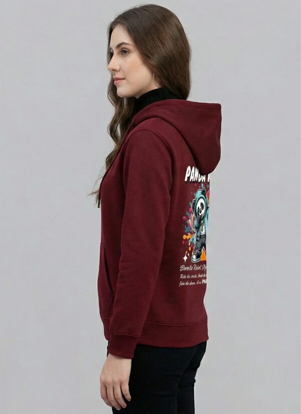 Maroon Graphic Printed Women’s Hoodie with Panda Riot Street Art | Premium Fleece Winter Hoodie for Women | Bold Urban Back Print – GiftSpeaks