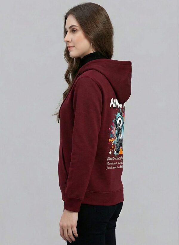 Maroon Graphic Printed Women’s Hoodie with Panda Riot Street Art | Premium Fleece Winter Hoodie for Women | Bold Urban Back Print – GiftSpeaks