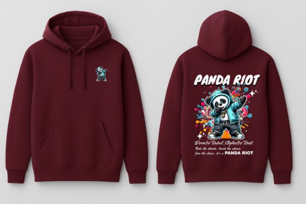 Maroon Graphic Printed Women’s Hoodie with Panda Riot Street Art | Premium Fleece Winter Hoodie for Women | Bold Urban Back Print – GiftSpeaks