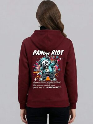 Maroon Graphic Printed Women’s Hoodie with Panda Riot Street Art | Premium Fleece Winter Hoodie for Women | Bold Urban Back Print – GiftSpeaks