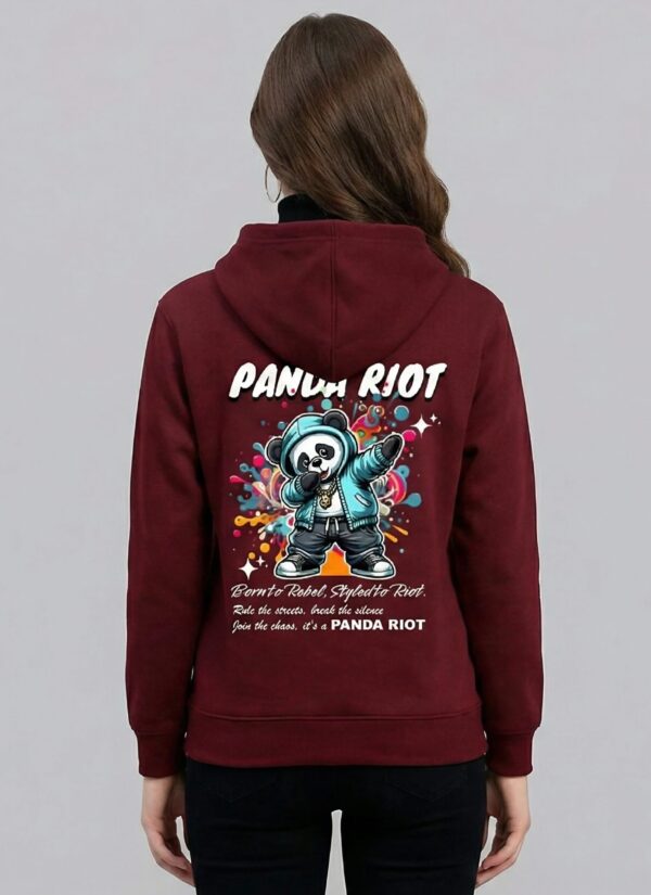 Maroon Graphic Printed Women’s Hoodie with Panda Riot Street Art | Premium Fleece Winter Hoodie for Women | Bold Urban Back Print – GiftSpeaks