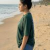 Women Oversized Graphic T-Shirt | Blue Floral Turtle Back Print | Loopknit 240 GSM Cotton | Relaxed Fit Drop Shoulder Casual Tee