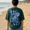 Women Oversized Graphic T-Shirt | Blue Floral Turtle Back Print | Loopknit 240 GSM Cotton | Relaxed Fit Drop Shoulder Casual Tee