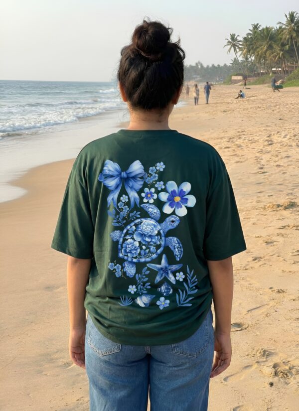 Women Oversized Graphic T-Shirt | Blue Floral Turtle Back Print | Loopknit 240 GSM Cotton | Relaxed Fit Drop Shoulder Casual Tee