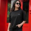 Women Black Oversized Graphic T-Shirt with Crown & Tech Art Back Print
