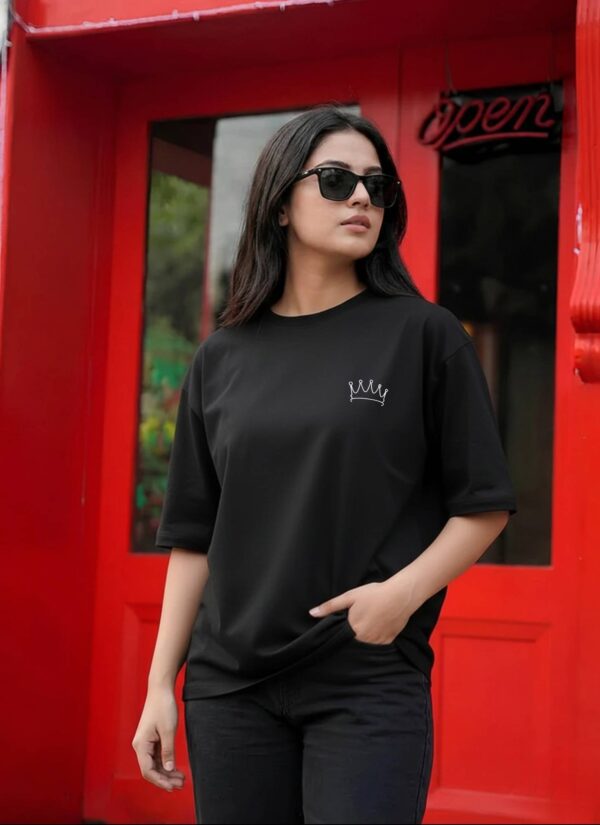 Women Black Oversized Graphic T-Shirt with Crown & Tech Art Back Print