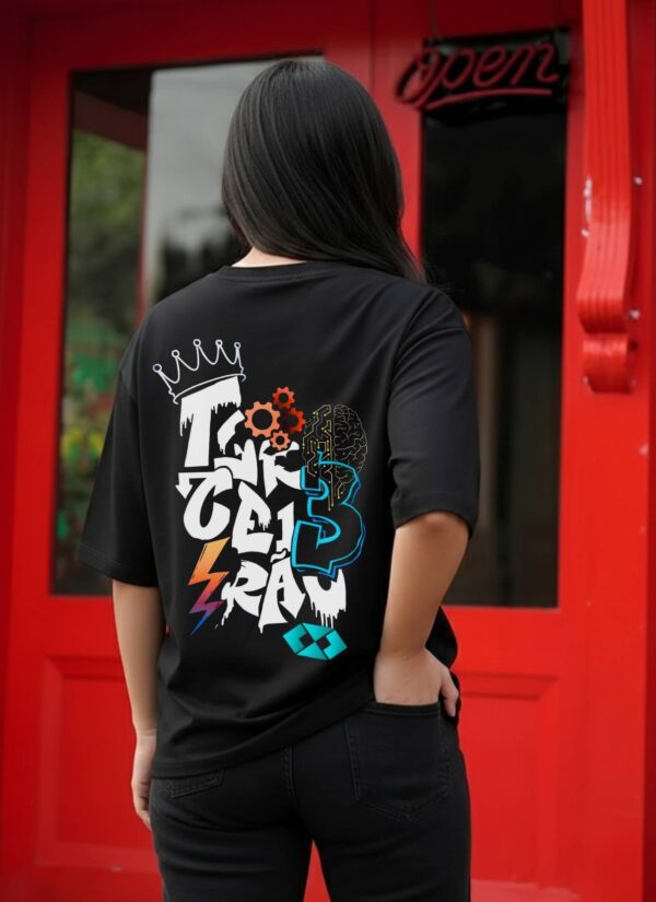 Women Black Oversized Graphic T-Shirt with Crown & Tech Art Back Print