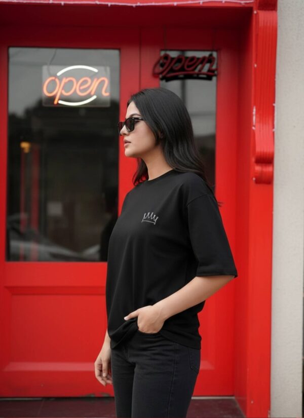 Women Black Oversized Graphic T-Shirt with Crown & Tech Art Back Print