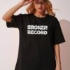Women Black Oversized Broken Record Graphic T-Shirt | Urban Streetwear Back Print Tee