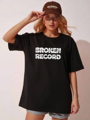 Women Black Oversized Broken Record Graphic T-Shirt | Urban Streetwear Back Print Tee