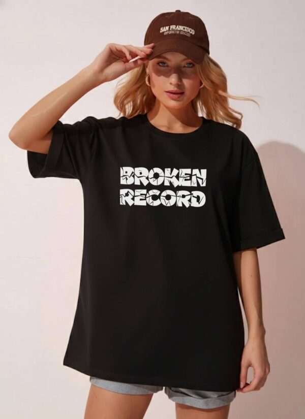 Women Black Oversized Broken Record Graphic T-Shirt | Urban Streetwear Back Print Tee