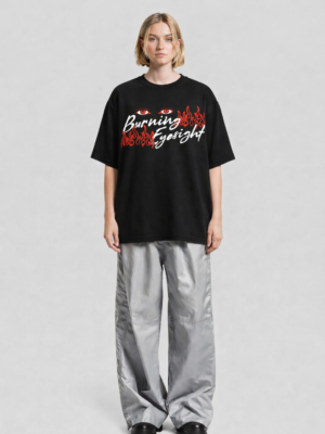 Women's Black Oversized Graphic T-Shirt | Burning Eyesight Flame Print | Trendy Streetwear Tee
