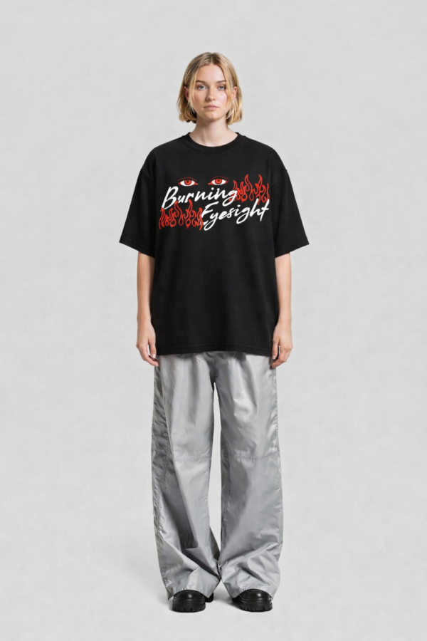 WWFOB_Buring_Eyesight_1772783243620_xzkgxgmzd4v4ri2.png Women's Black Oversized Graphic T-Shirt | Burning Eyesight Flame Print | Trendy Streetwear Tee