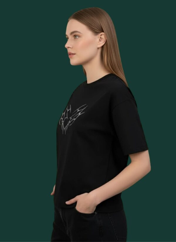 Women Black Oversized Butterfly Graphic T-Shirt with Gothic Heart Front Design