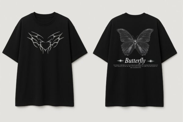 Women Black Oversized Butterfly Graphic T-Shirt with Gothic Heart Front Design