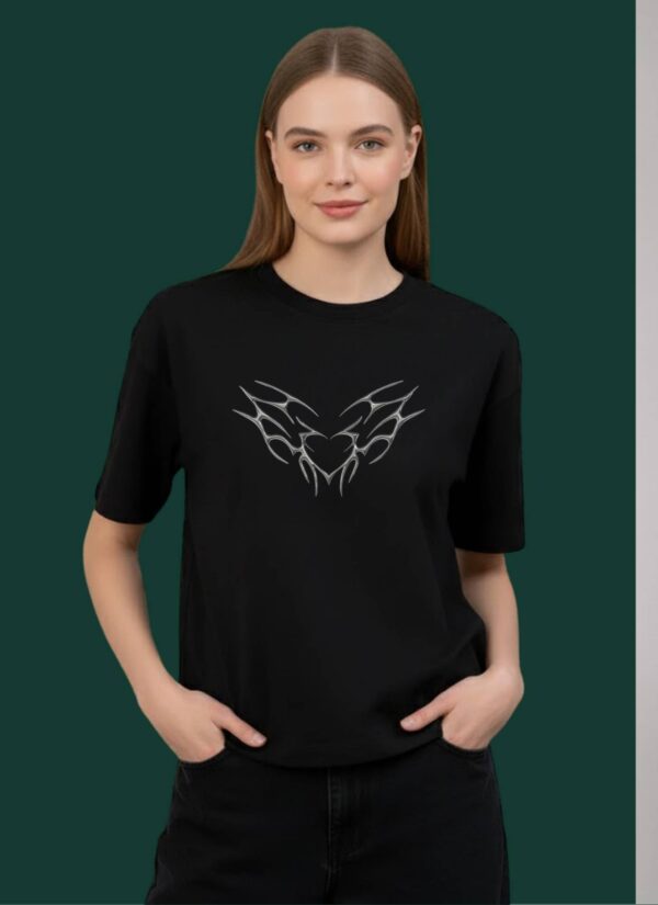 Women Black Oversized Butterfly Graphic T-Shirt with Gothic Heart Front Design