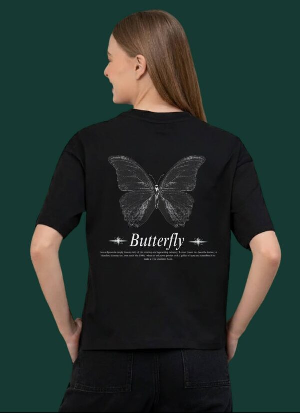 Women Black Oversized Butterfly Graphic T-Shirt with Gothic Heart Front Design