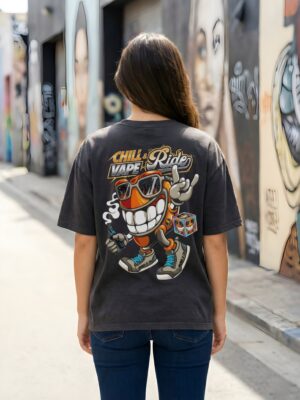 Women Oversized Graphic T-Shirt | Chill Ride Cartoon Back Print | Loopknit 240 GSM Cotton | Relaxed Streetwear Drop Shoulder Tee