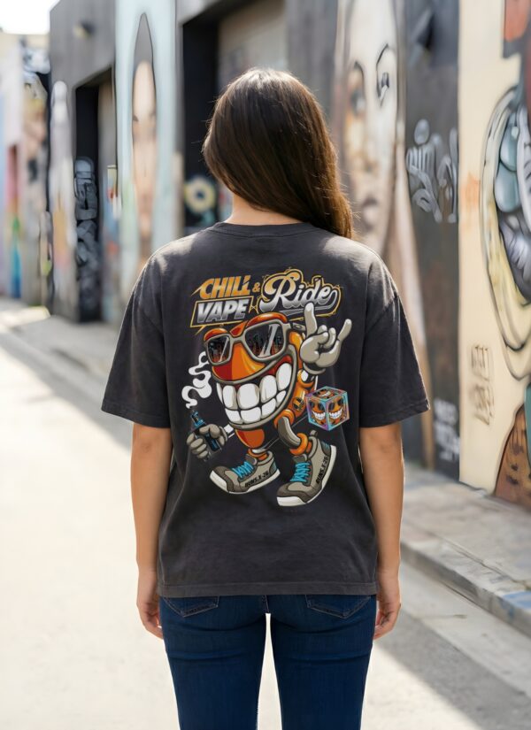 WWFOB_Chill_Vape_1770961301911_d4jinokvty7bavp.jpg Women Oversized Graphic T-Shirt | Chill Ride Cartoon Back Print | Loopknit 240 GSM Cotton | Relaxed Streetwear Drop Shoulder Tee