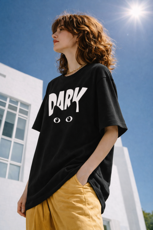 WWFOB_Dark_1772786550558_ex1shesxwwl3sq4.png Women's Black Oversized Graphic T-Shirt with DARK Typography & Eye Print | Trendy Streetwear Casual Tee | Soft Cotton Relaxed Fit Fashion Top