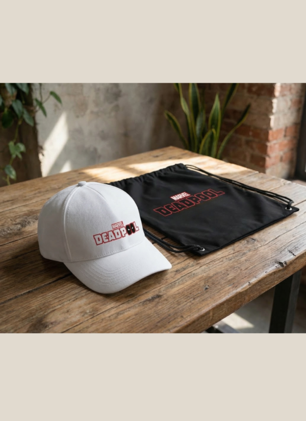 White Oversized Graphic T-Shirt with Front Typography Print and Back Comic Artwork Design Paired with Matching Adjustable Cap and Drawstring Bag Combo Set Streetwear Casual Everyday Outfit