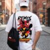 White Oversized Graphic T-Shirt with Front Typography Print and Back Comic Artwork Design Paired with Matching Adjustable Cap and Drawstring Bag Combo Set Streetwear Casual Everyday Outfit