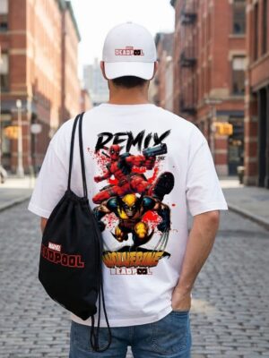 WWFOB_Deadpool_2_0_1773991504934_nblyxqsgm0noobq.jpg White Oversized Graphic T-Shirt with Front Typography Print and Back Comic Artwork Design Paired with Matching Adjustable Cap and Drawstring Bag Combo Set Streetwear Casual Everyday Outfit