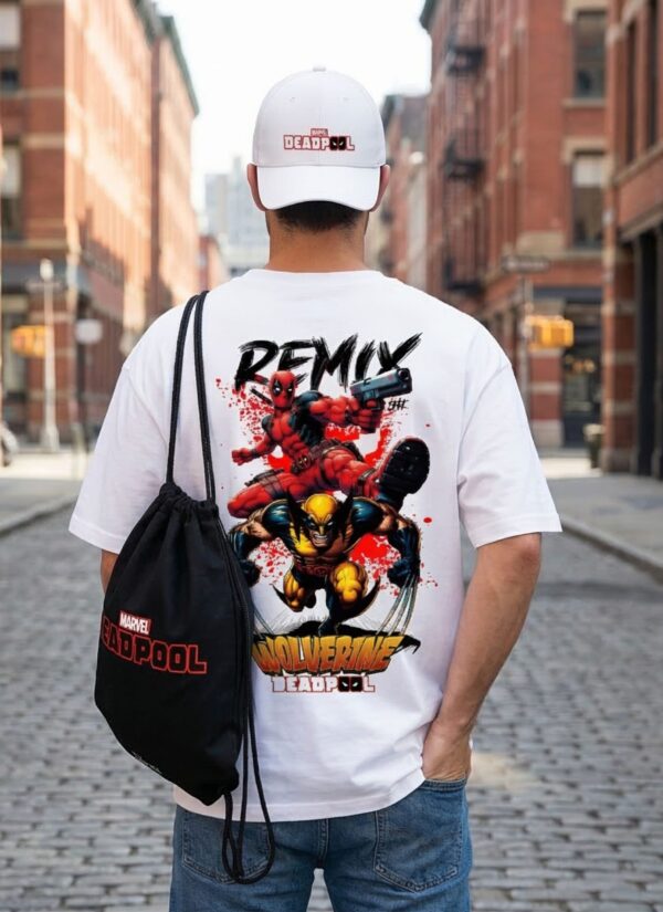 White Oversized Graphic T-Shirt with Front Typography Print and Back Comic Artwork Design Paired with Matching Adjustable Cap and Drawstring Bag Combo Set Streetwear Casual Everyday Outfit