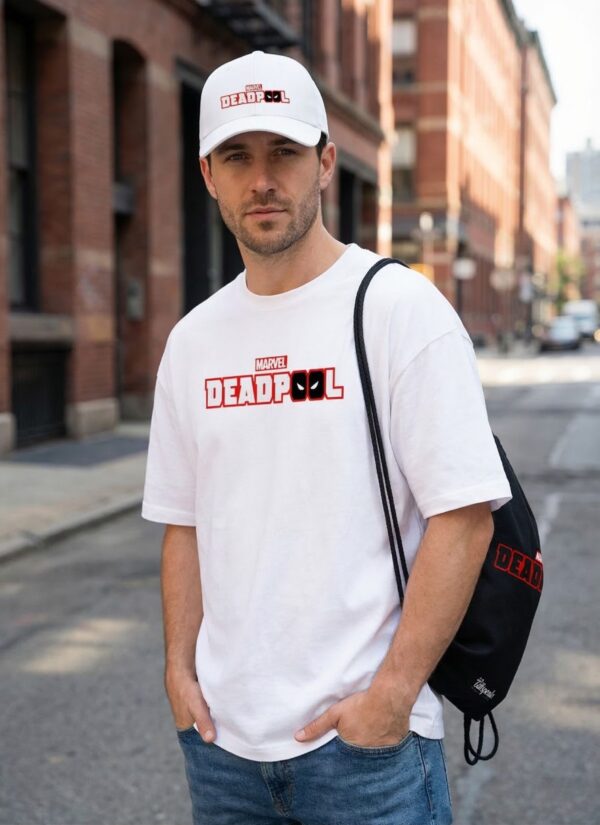 White Oversized Graphic T-Shirt with Front Typography Print and Back Comic Artwork Design Paired with Matching Adjustable Cap and Drawstring Bag Combo Set Streetwear Casual Everyday Outfit