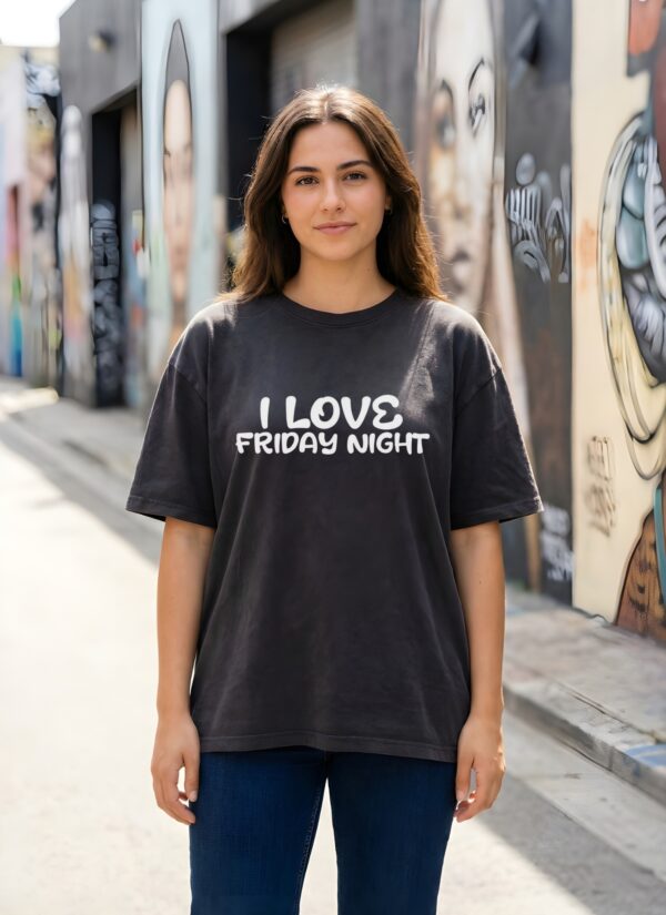 WWFOB_I_Love_Friday_Night_1770964471122_a1a18onq6vez7jk.jpg Women Oversized Graphic T-Shirt | I Love Friday Night Print | Cute Cartoon Back Design | Loopknit 240 GSM Cotton | Relaxed Fit Casual Tee