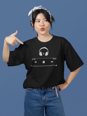 WWFOB_Music_1768043695539_agckmnr7k4bos0j.jpg Minimal Music Player Graphic Black Oversized T-Shirt for Women | Premium Loopknit 240 GSM Streetwear Tee | Round Neck Oversized T-Shirt GiftSpeaks