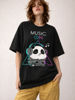 Women's Black Oversized Graphic T-Shirt | Music On Panda Print | Cute Aesthetic Casual Streetwear Tee