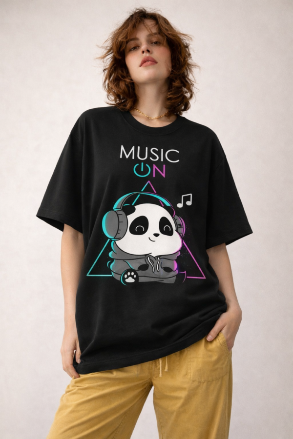 Women's Black Oversized Graphic T-Shirt | Music On Panda Print | Cute Aesthetic Casual Streetwear Tee