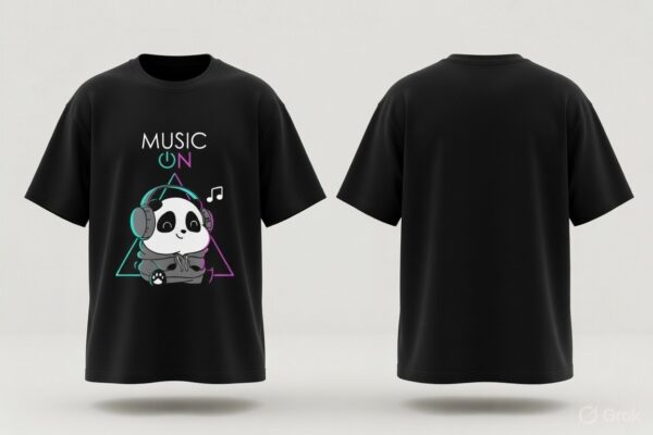 Women's Black Oversized Graphic T-Shirt | Music On Panda Print | Cute Aesthetic Casual Streetwear Tee