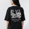 Women Black Oversized T-Shirt with Peace Dove Back Print | Loopknit 240 GSM | Aesthetic Graphic Streetwear Tee
