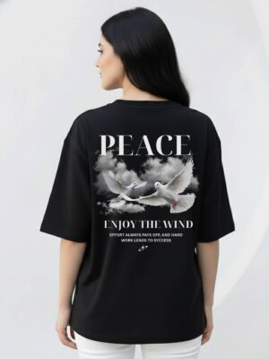 WWFOB_Peace_1770985242597_7mwipuxnop5jvf0.jpg Women Black Oversized T-Shirt with Peace Dove Back Print | Loopknit 240 GSM | Aesthetic Graphic Streetwear Tee