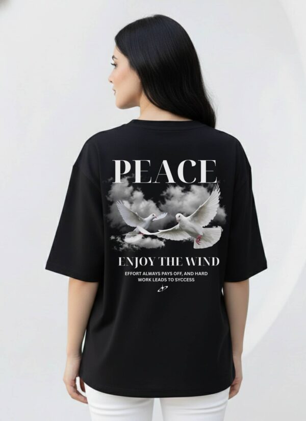 Women Black Oversized T-Shirt with Peace Dove Back Print | Loopknit 240 GSM | Aesthetic Graphic Streetwear Tee