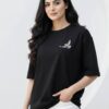 Women Black Oversized T-Shirt with Peace Dove Back Print | Loopknit 240 GSM | Aesthetic Graphic Streetwear Tee