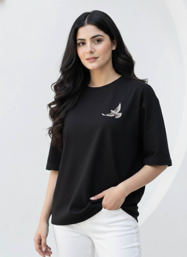 Women Black Oversized T-Shirt with Peace Dove Back Print | Loopknit 240 GSM | Aesthetic Graphic Streetwear Tee