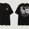Women Black Oversized T-Shirt with Peace Dove Back Print | Loopknit 240 GSM | Aesthetic Graphic Streetwear Tee