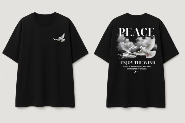 Women Black Oversized T-Shirt with Peace Dove Back Print | Loopknit 240 GSM | Aesthetic Graphic Streetwear Tee